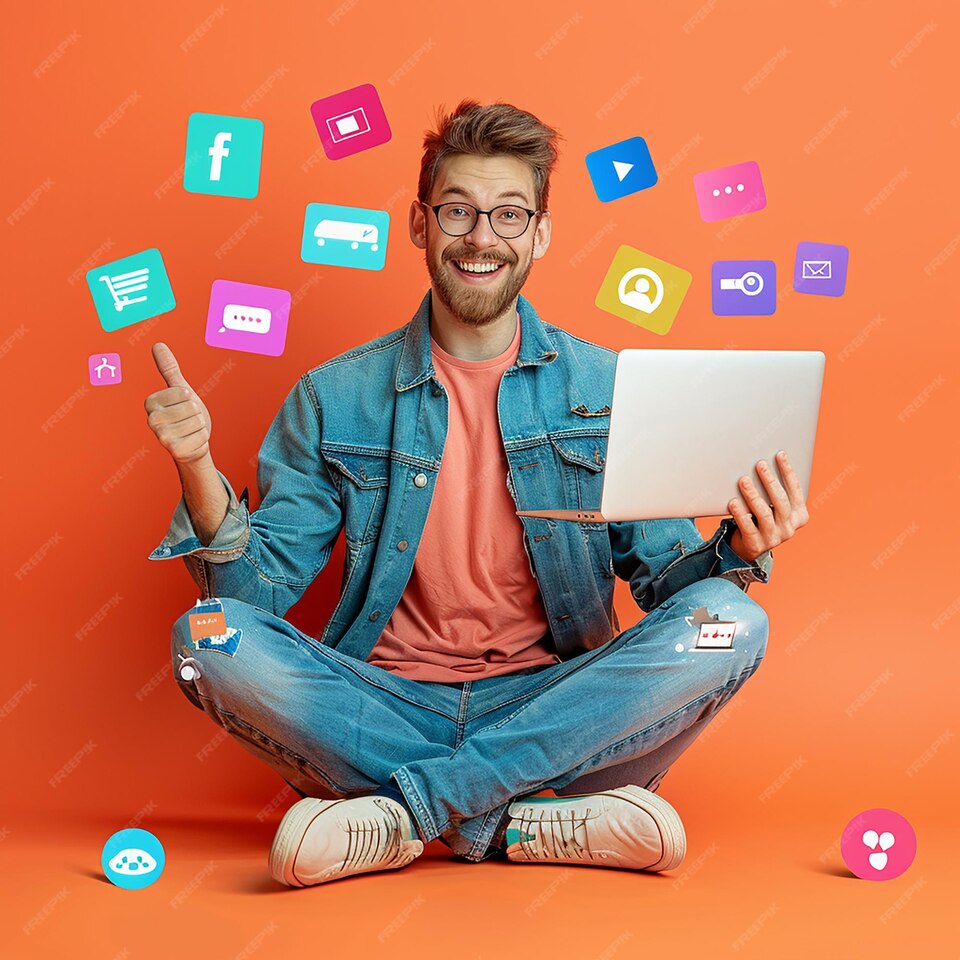 hombre-esta-sentado-suelo-computadora-portatil-sus-piernas-fondo-plano-large